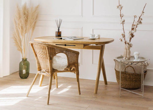 Luxury oak wood desk with drawer handmade. Can successfully be used as wooden office desk, wooden desk with drawers for makeup or even desk in bedroom with mirror with drawer under desk or solid oak desk for home office, standing by the wall on wooden floor.