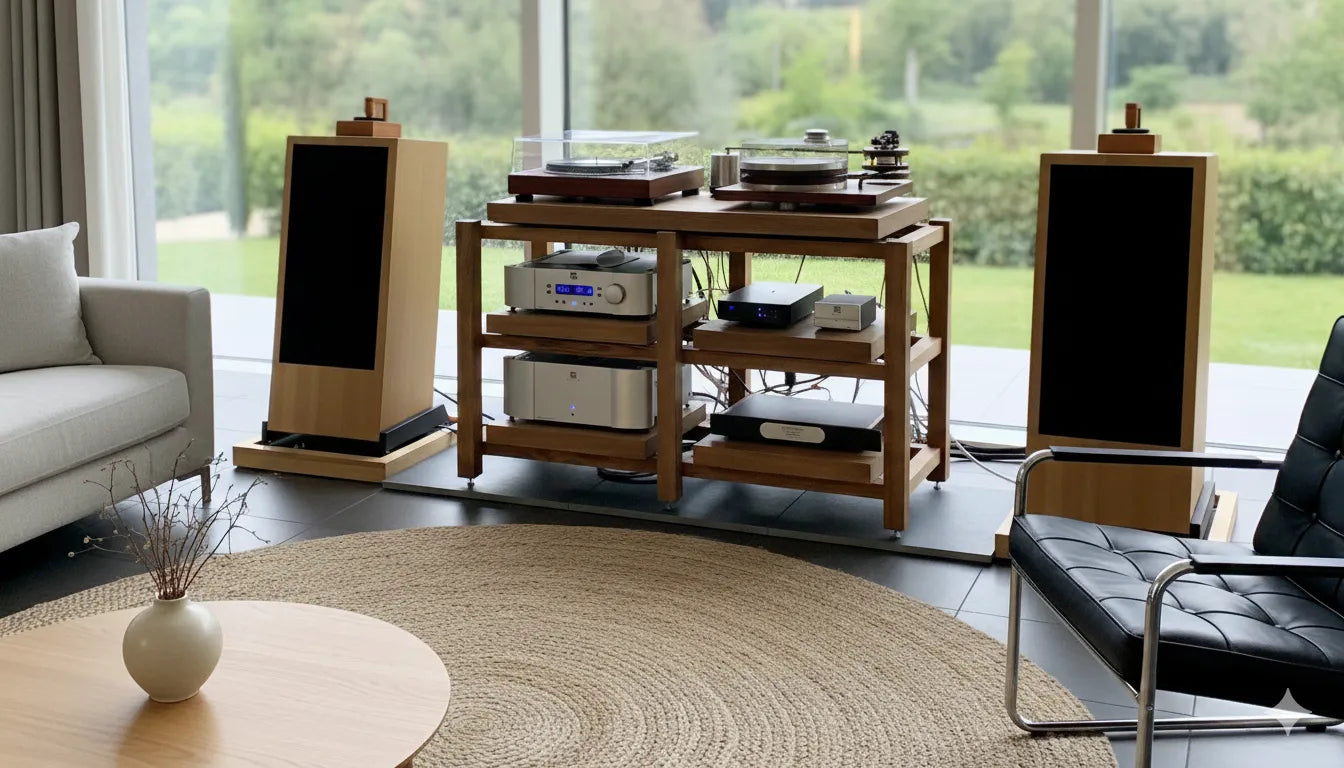 Wood hifi audio rack with three shelves with turntable on top standing in living room with big garden window behind.