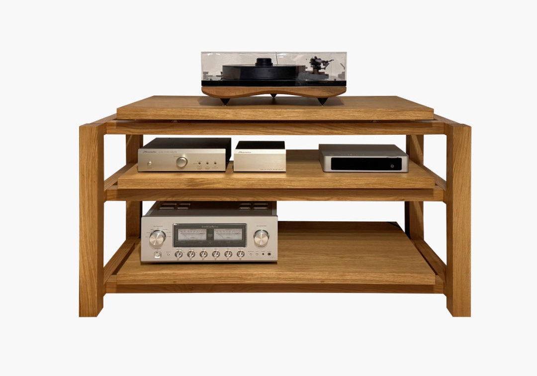 kunsst wooden audio rack high end hi fi with turnable on top with three shelves