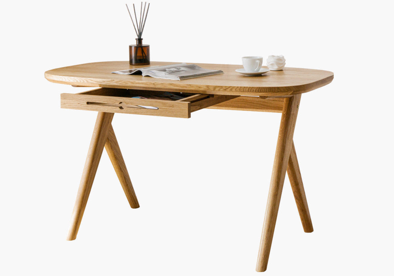 Drawer desk for home office with solid wood desk top as desk with drawers for makeup or as wooden desk with drawers standing on white background 