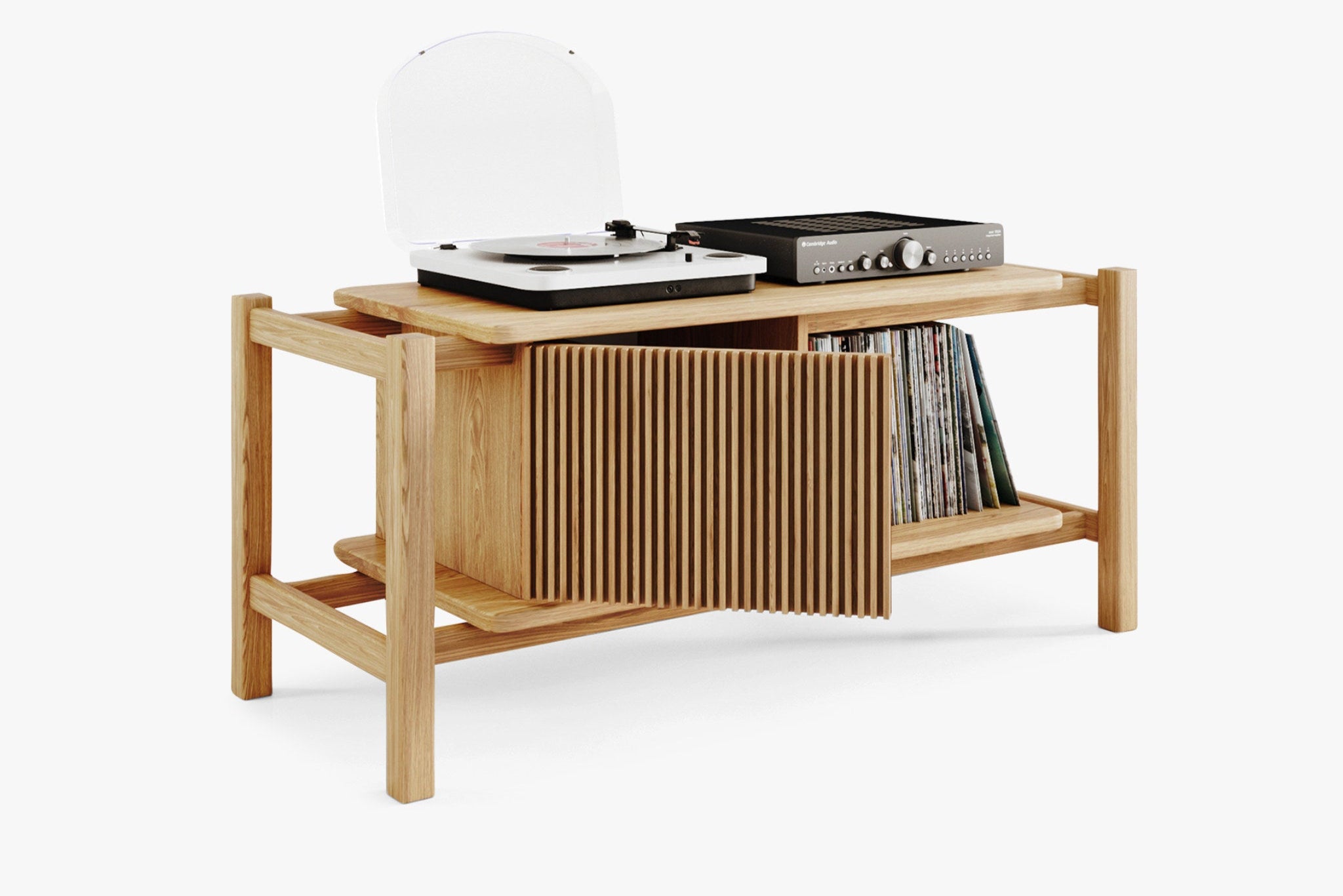 Solid wood record player cabinet with vinyl records shelf and a turntable and amplifier on a white background