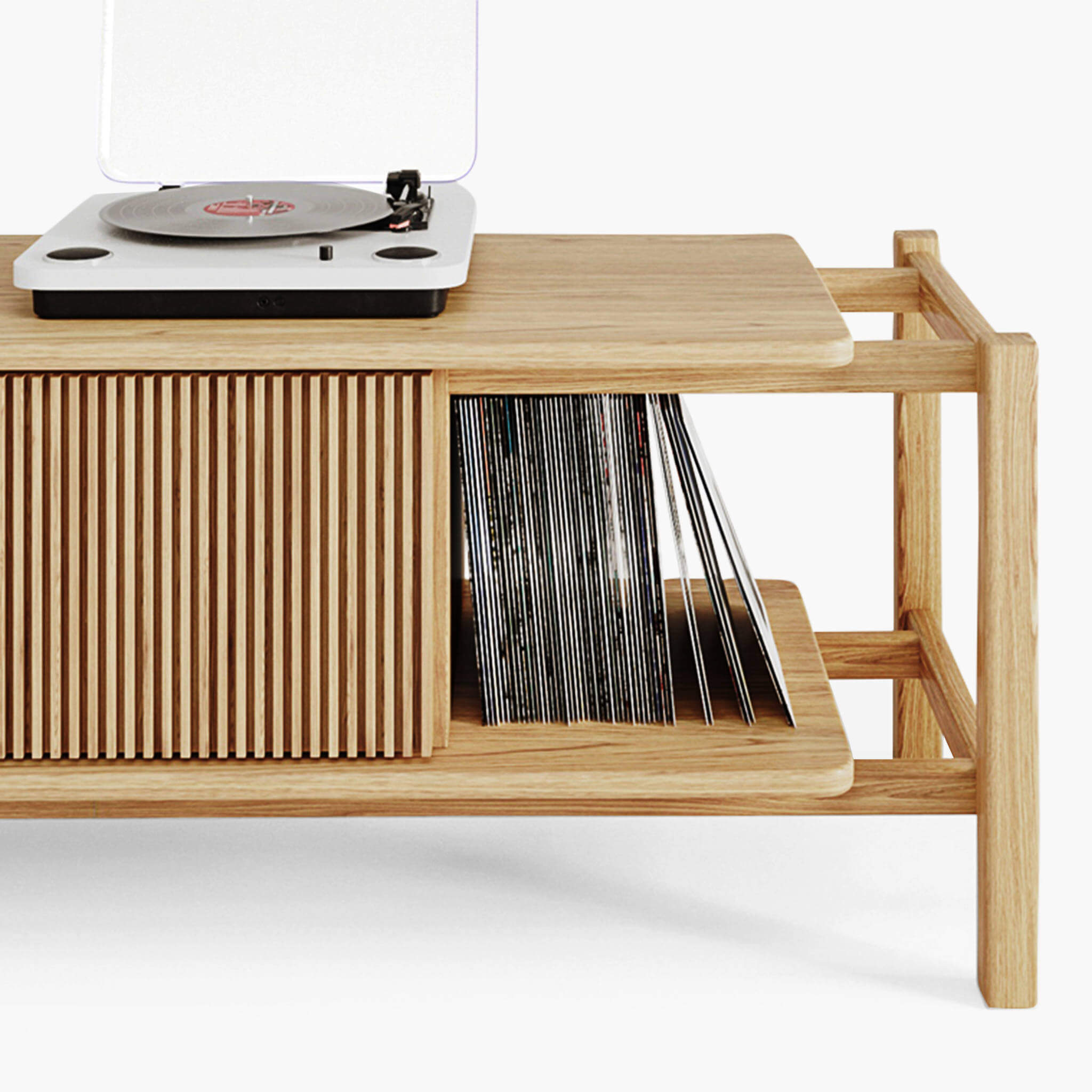 Close-up of the fluted oak front panel on a vinyl record storage cabinet 