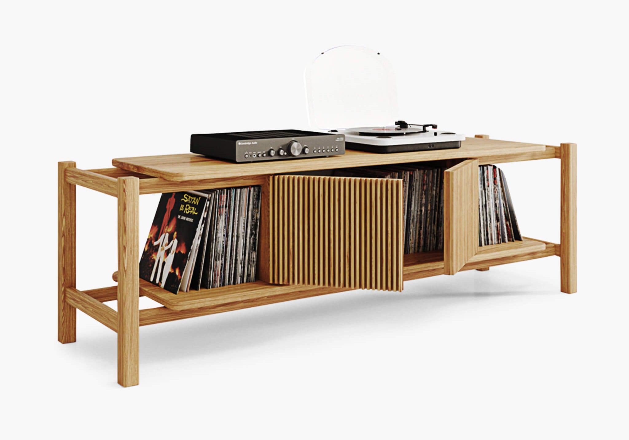A light natural wood record player stand with open shelves, holding vinyl records and a turntable, shown on a clean white background.