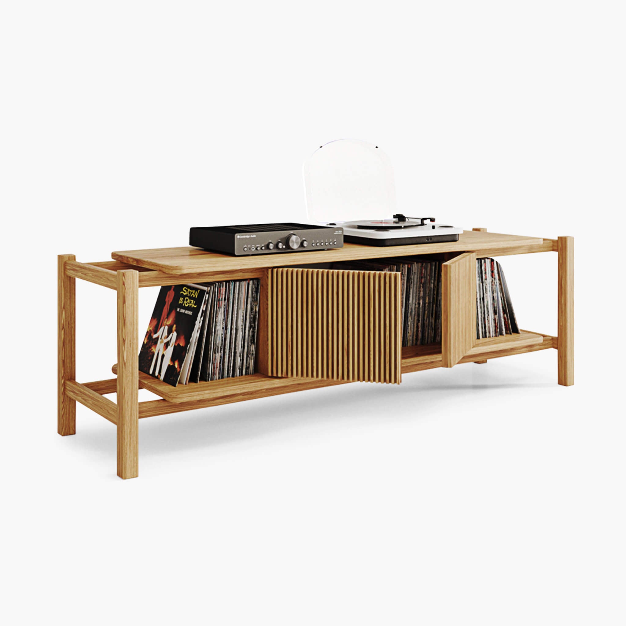 A light natural wood record player stand with open shelves, holding vinyl records and a turntable, shown on a clean white background.