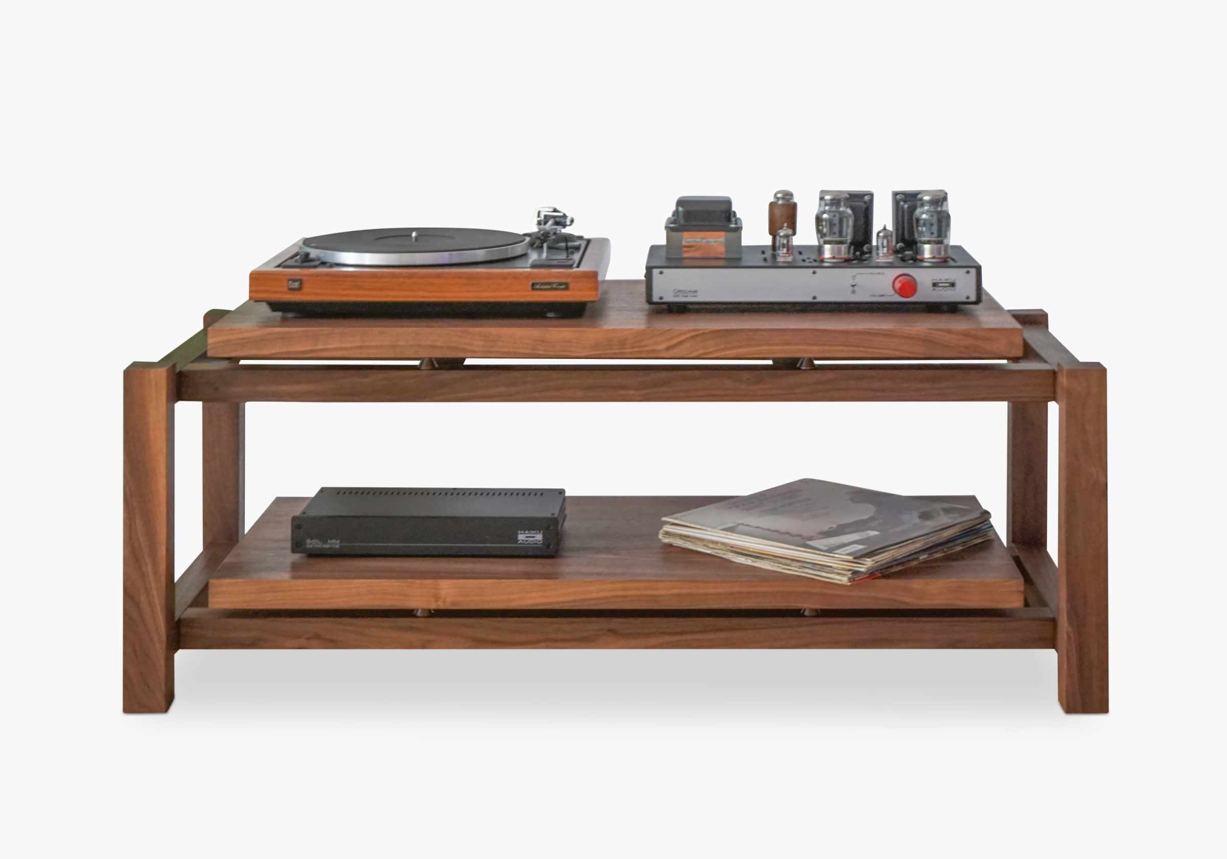Elegant audio equipment rack solution by Kunsst. This real walnut wood audio rack is a hi-end audio rack stand designed for the modern audiophile's turntable and amplifier.
