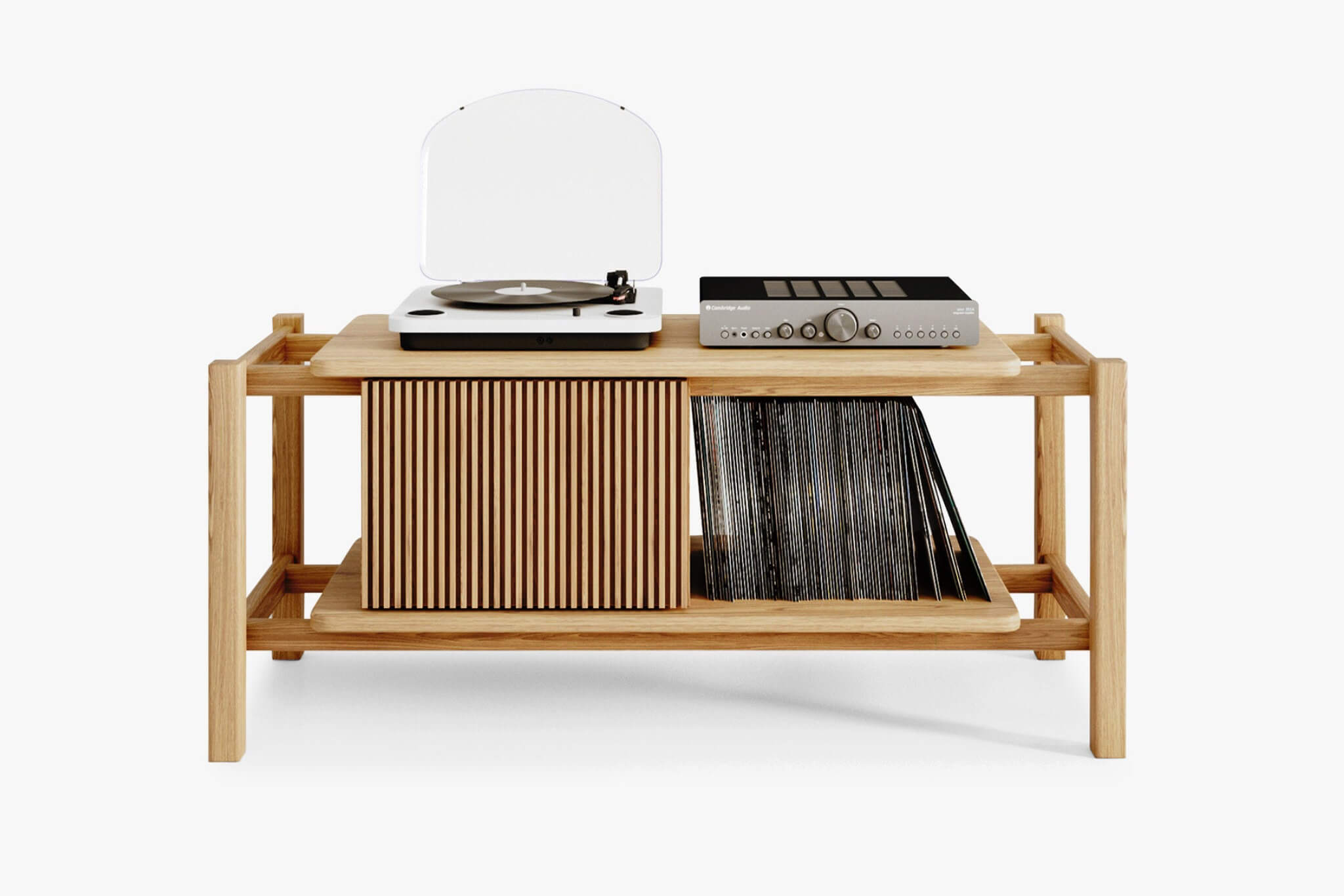 Oak cabinet for turntable and music collection standing on white background