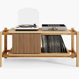 Oak cabinet for turntable and music collection standing on white background