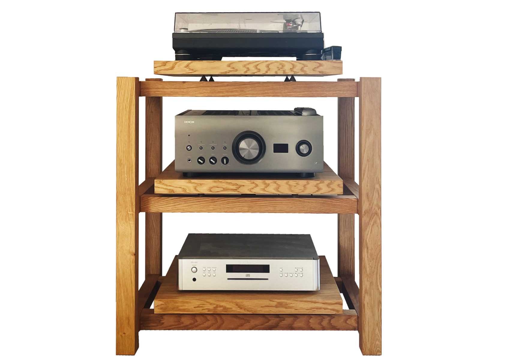 Kunsst custom wood audio rack designed to hold amplifier and turntable in minimalist audio setup.