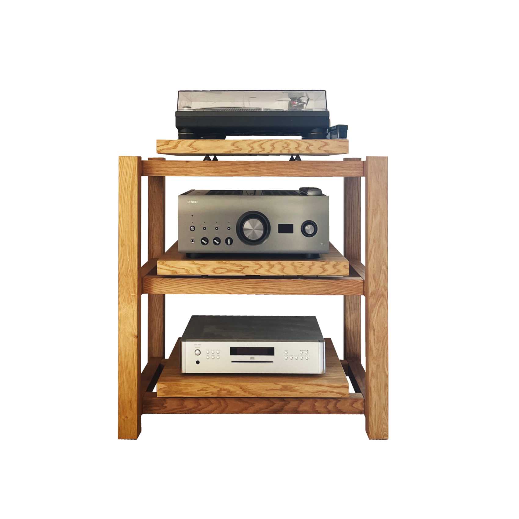 Kunsst custom wood audio rack designed to hold amplifier and turntable in minimalist audio setups