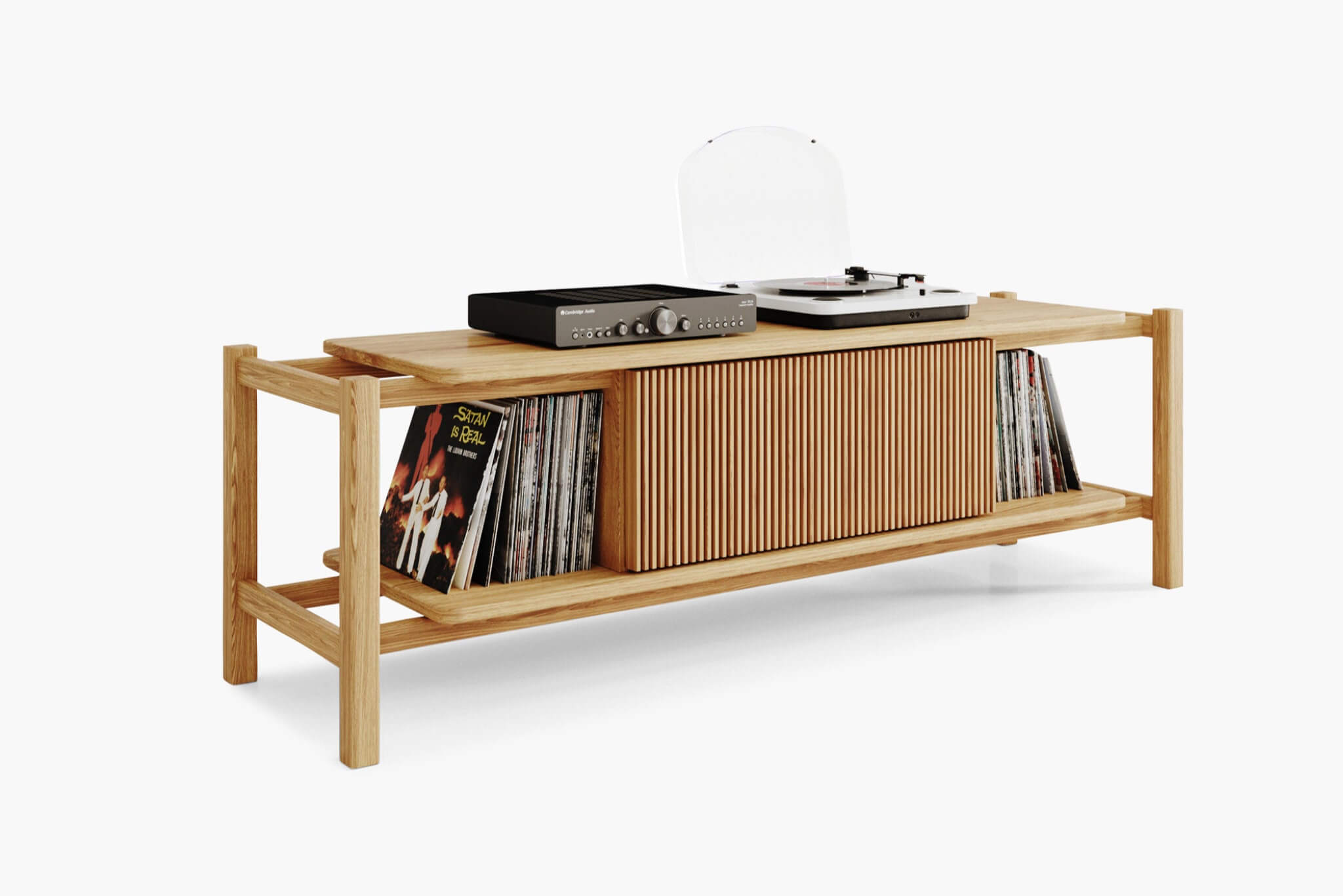 Turntable and amplifier standing on big wooden audio cabinet with vinyl records storage shelf 