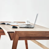 Premium solid wood home office desk with a laptop, mouse, and coffee cup on a white background