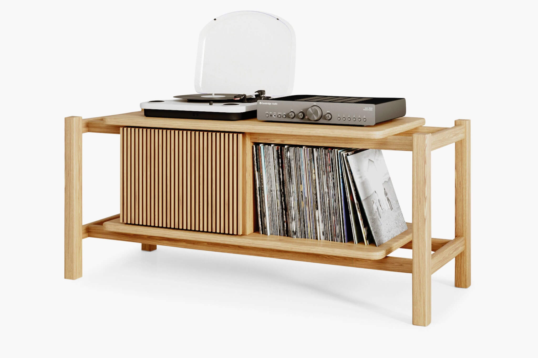 Wooden record player stand with vinyl records storage on a white background