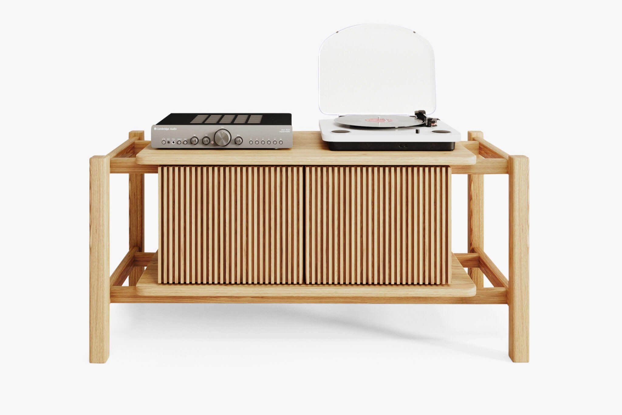 Wooden audio cabinet with turntablea and amplifier on a white background