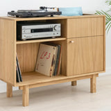Drewniana szafka na płyty winylowe i gramofon i wzmacniacz hifi