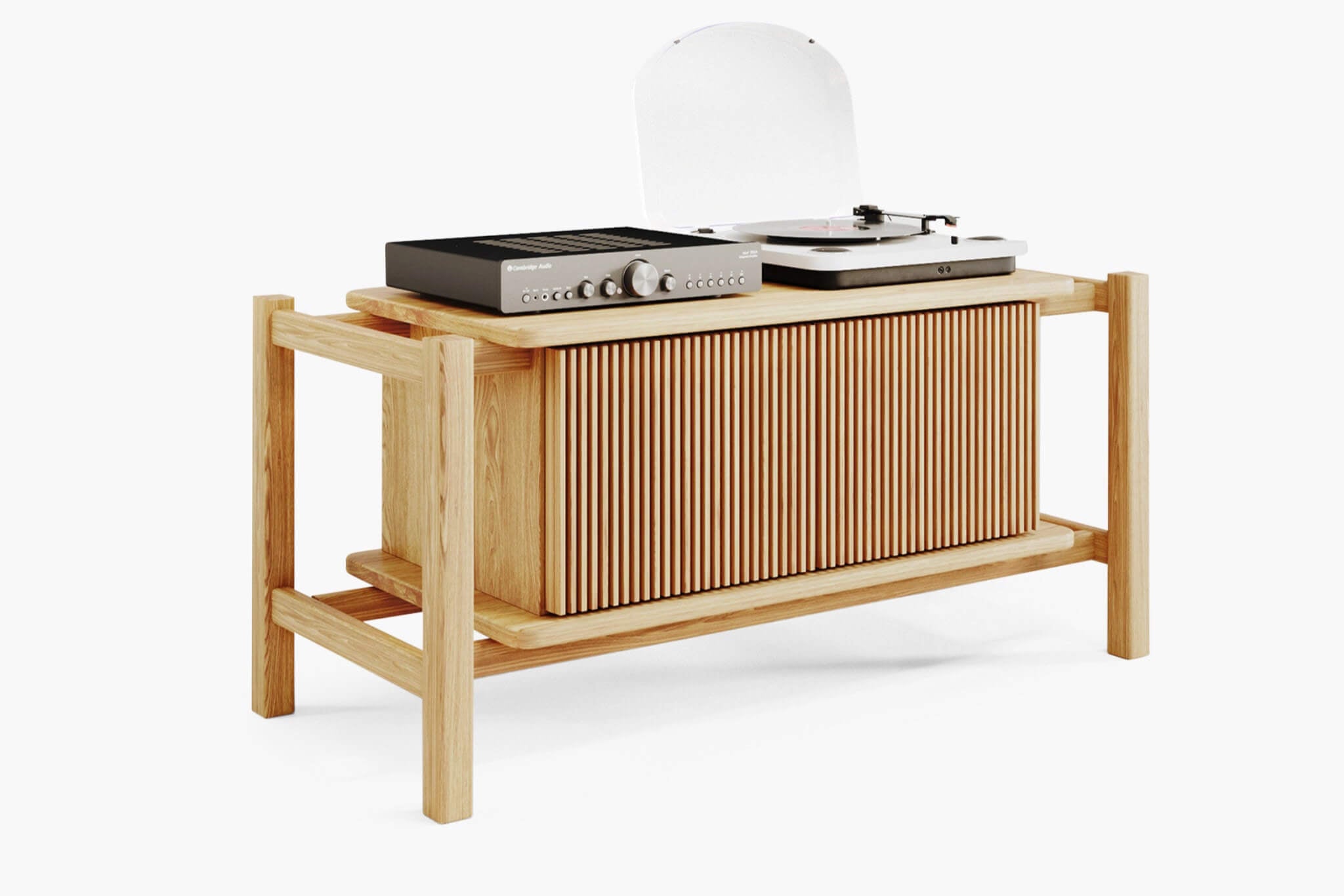 Side view of a solid oak record player cabinet showing overall proportions and leg design
